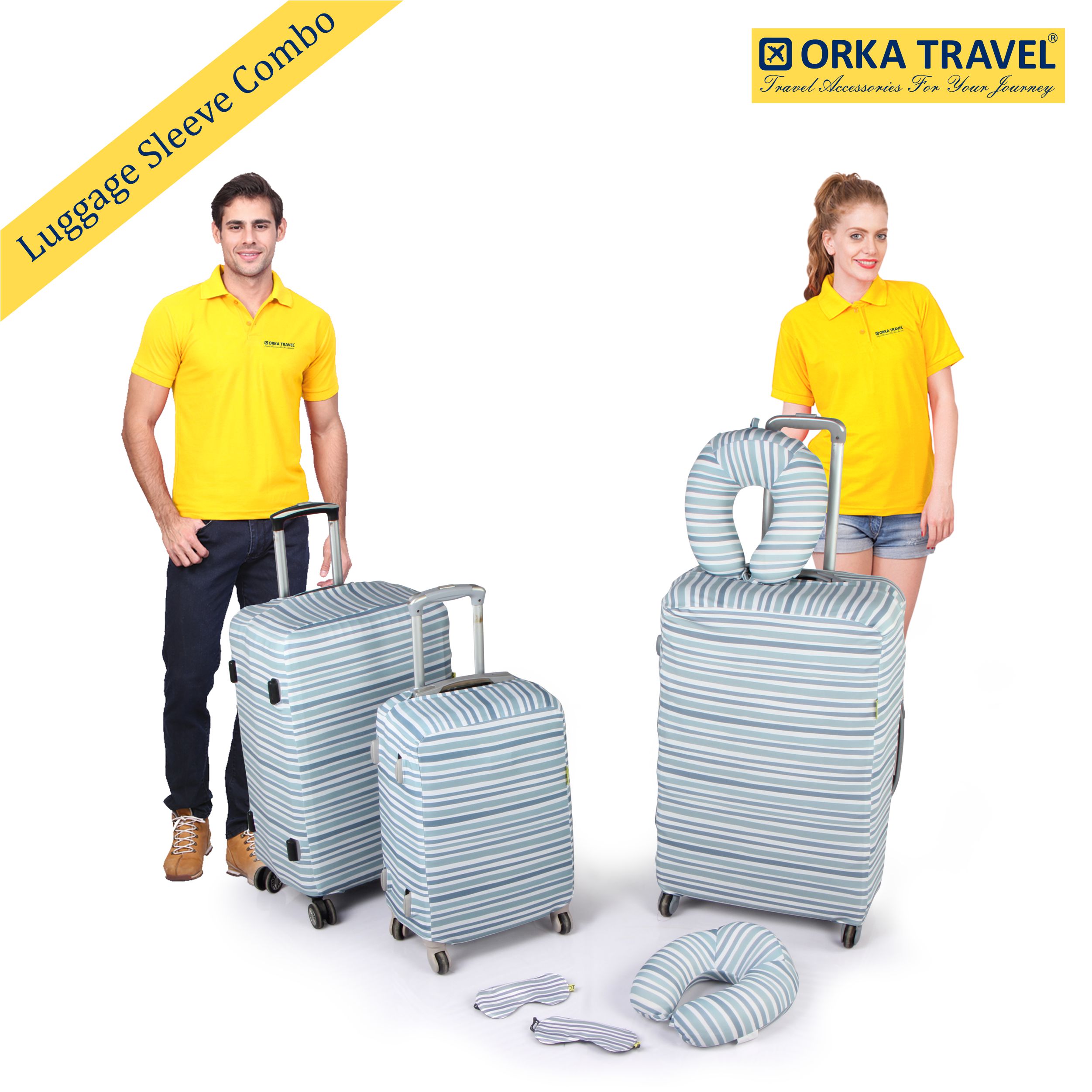 ORKA TRAVEL Couple Combo Luggage Sleeve 3 Sizes With 2 Memory Foam High Back U Neck & 2 Printed Eye Mask - Printed Linear 