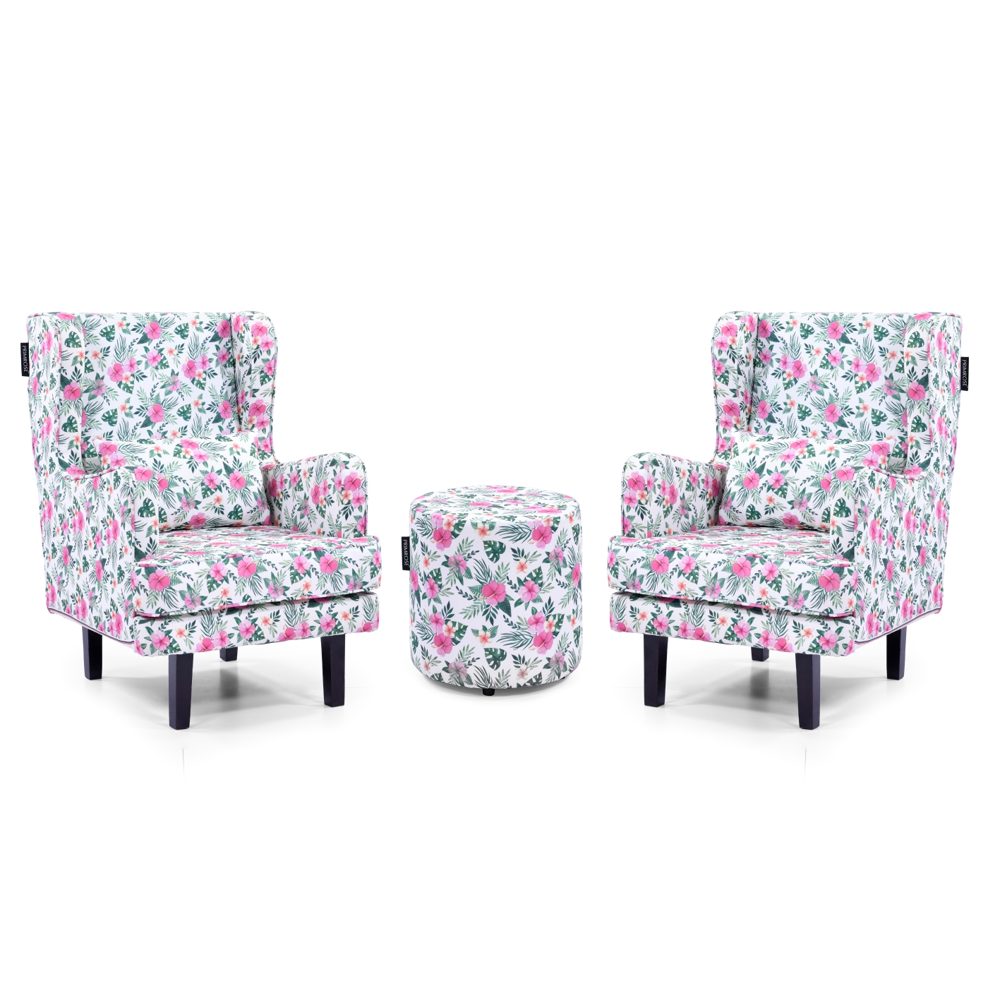 PRIMROSE Hibiscus Floral Digital Printed Faux Linen Fabric High Back Wing Chair Combo (2 Chair+1 Ottoman) - Pink, Green