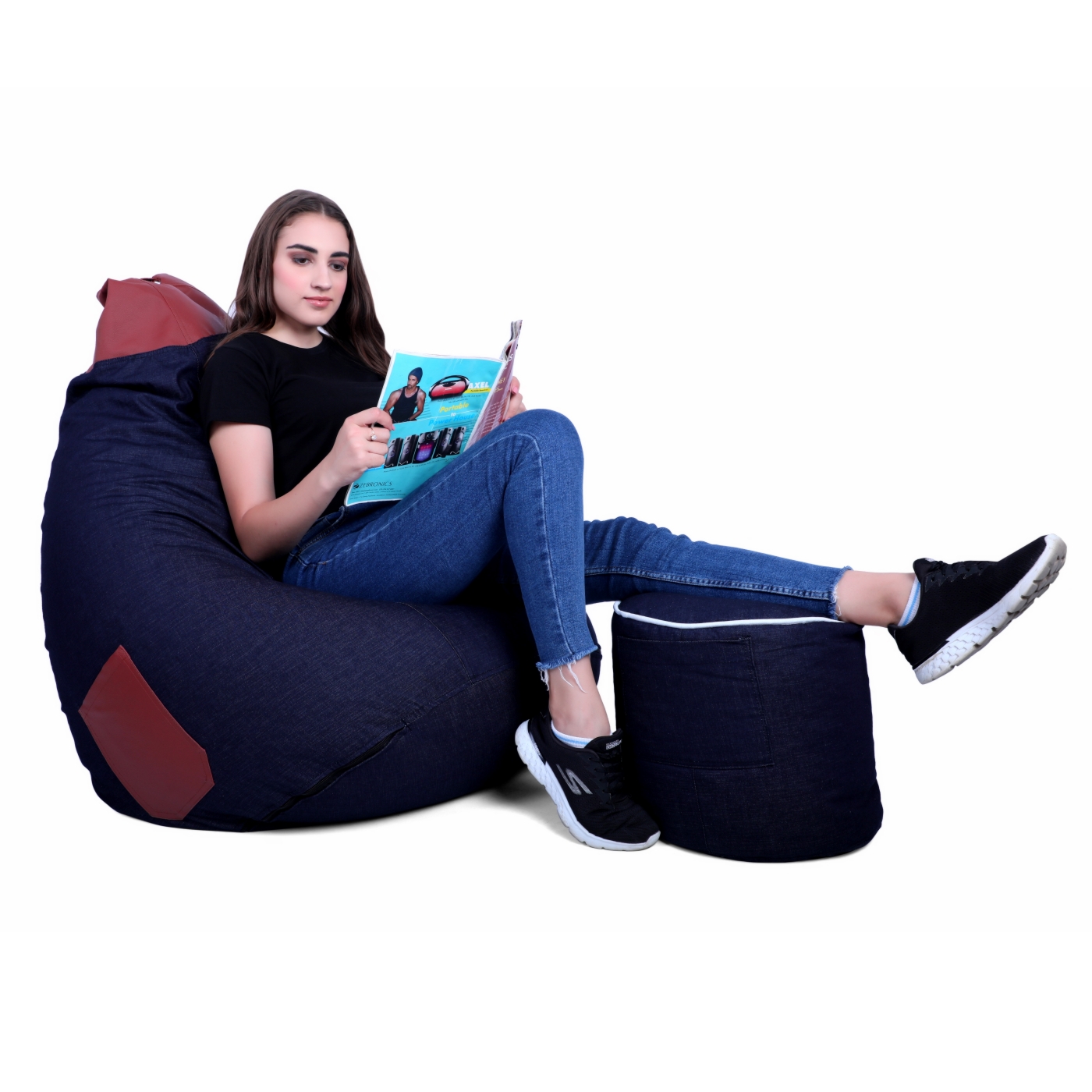 Can Bean Bags Denim Bean Bag With Patch And Footstool Blue, Tan  