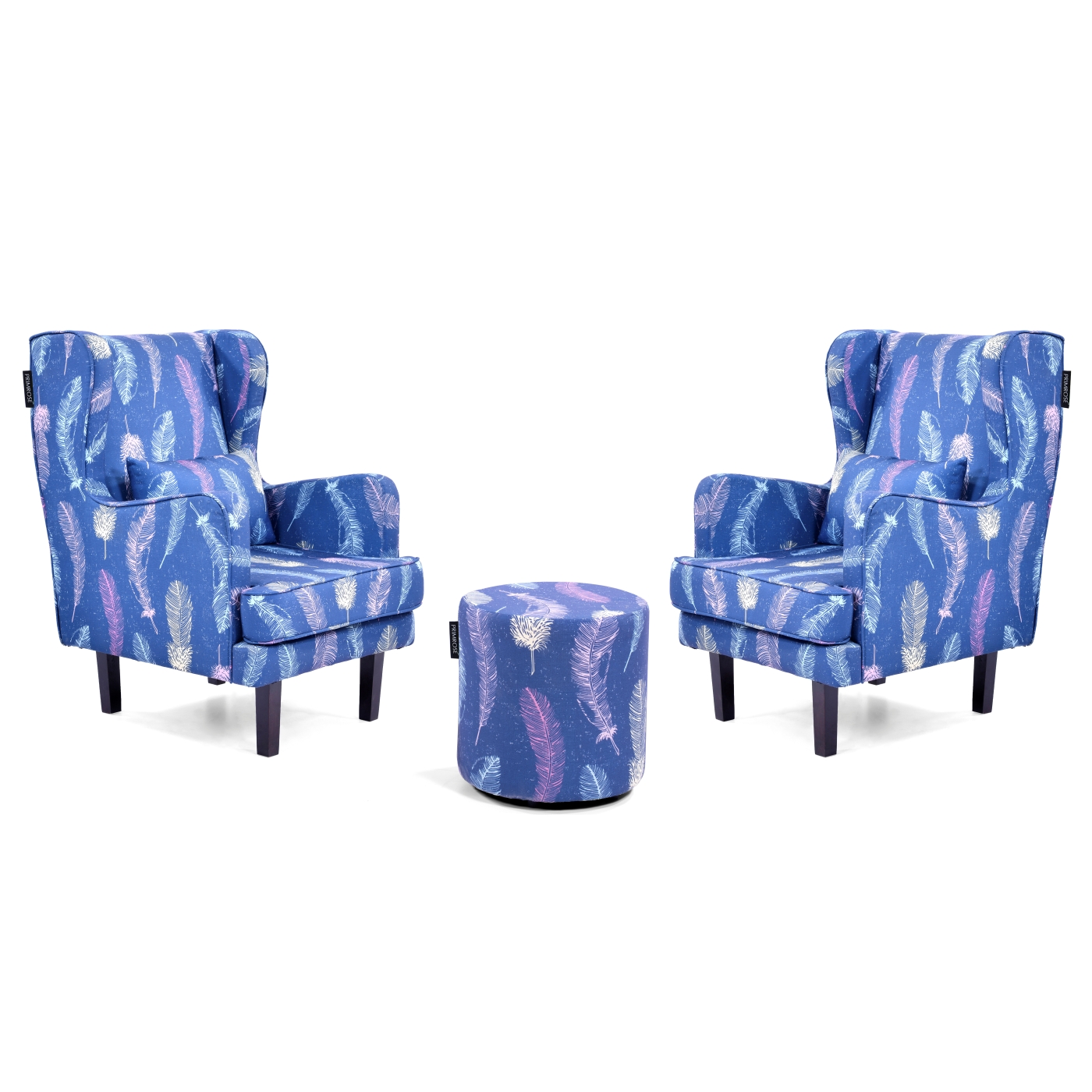 PRIMROSE Dream Feature Digital Printed Faux Linen Fabric High Back Wing Chair Combo (2 Chair+1 Ottoman) - Blue  