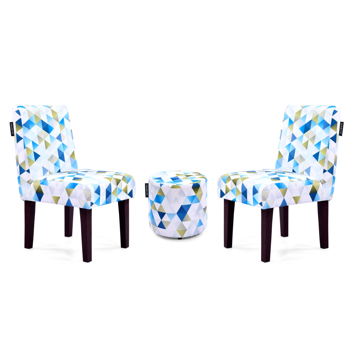 PRIMROSE Betty Abstract Triangle Digital Printed Faux Linen Fabric Dining Chair Combo (2 Chair+1 Ottoman) - White, Blue  