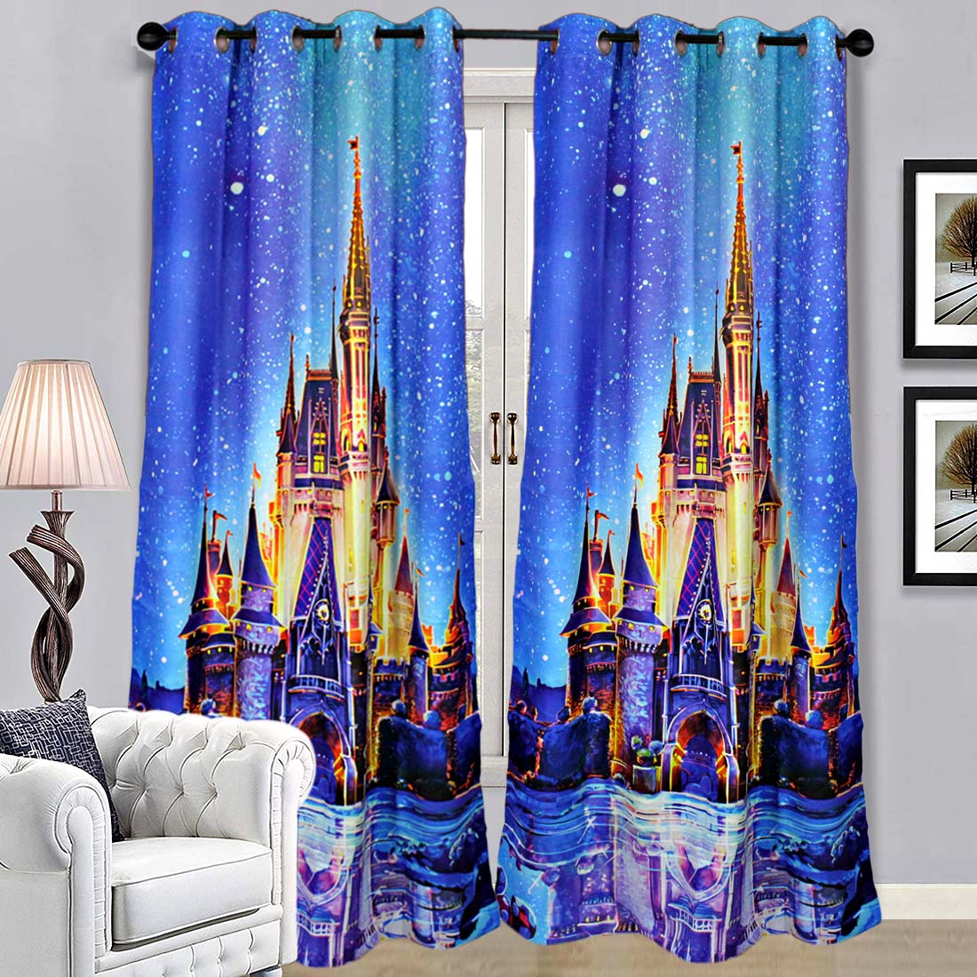 ORKA Digital Printed Cinderella Castle Design Single Door Curtain  