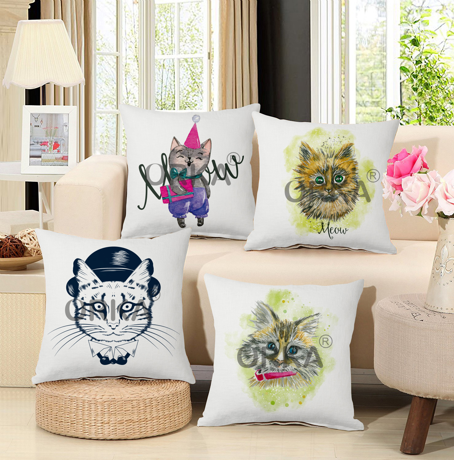 ORKA Set Of 4 Digital Printed Cushion Funny Cat Printed  