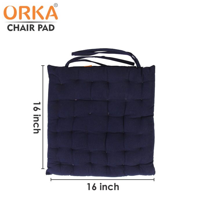 ORKA Cotton Fabric Chair Pad Seat Cushion Back Support Cushion With Tie, Navy Blue (16 X 16 Inch)  