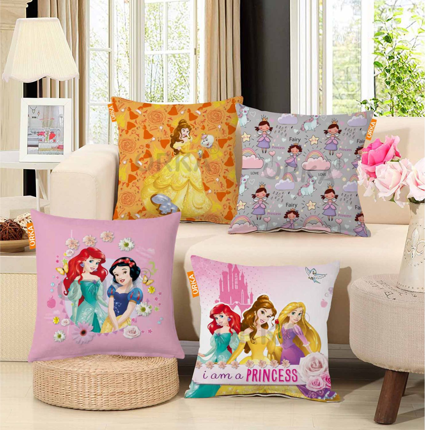 ORKA Set Of 4 Princess Theme Digital Printed Cushion 3  