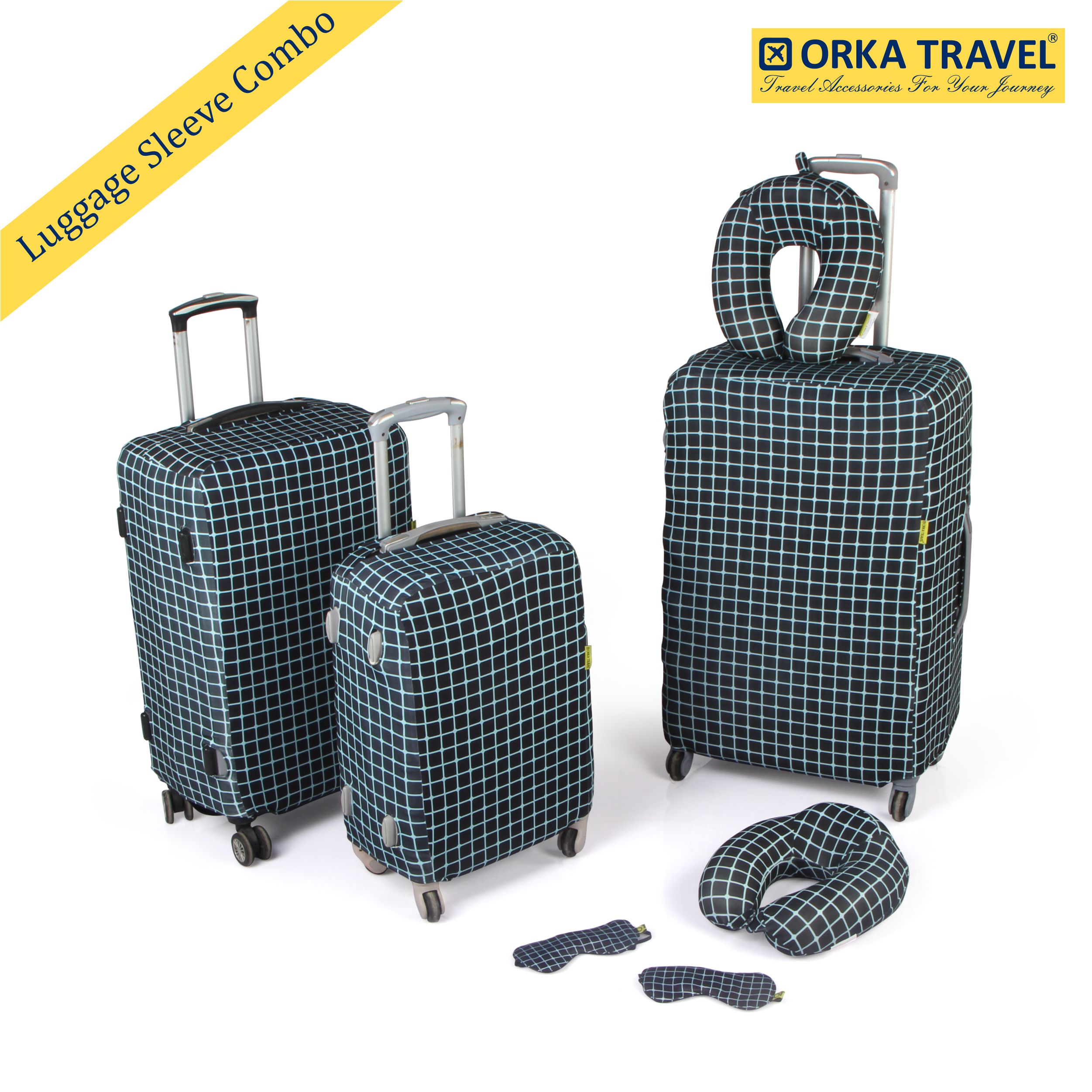 ORKA TRAVEL Couple Combo Luggage Sleeve 3 Sizes With 2 Memory Foam High Back U Neck & 2 Printed Eye Mask - Printed Black Teal 