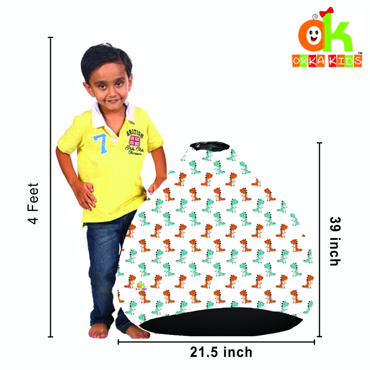 ORKA Kids Digital Printed44 Dinosaur Multicolor Bean Bag Filled With Beans   