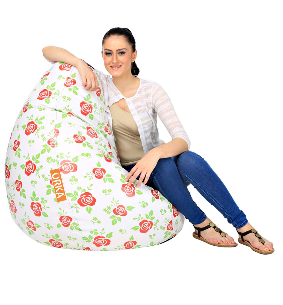 Orka Digital Printed White Bean Bag Rose Theme  