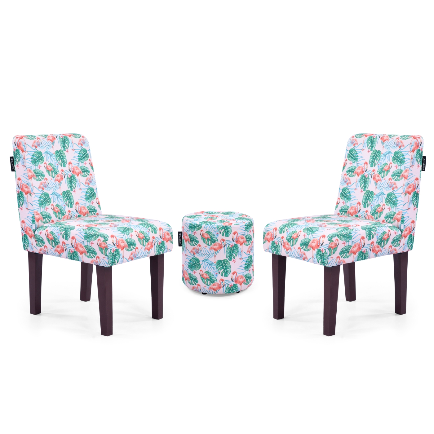 PRIMROSE Tropical Flamingo Digital Printed Faux Linen Fabric Dining Chair Combo (2 Chair+1 Ottoman) - Red, Green  