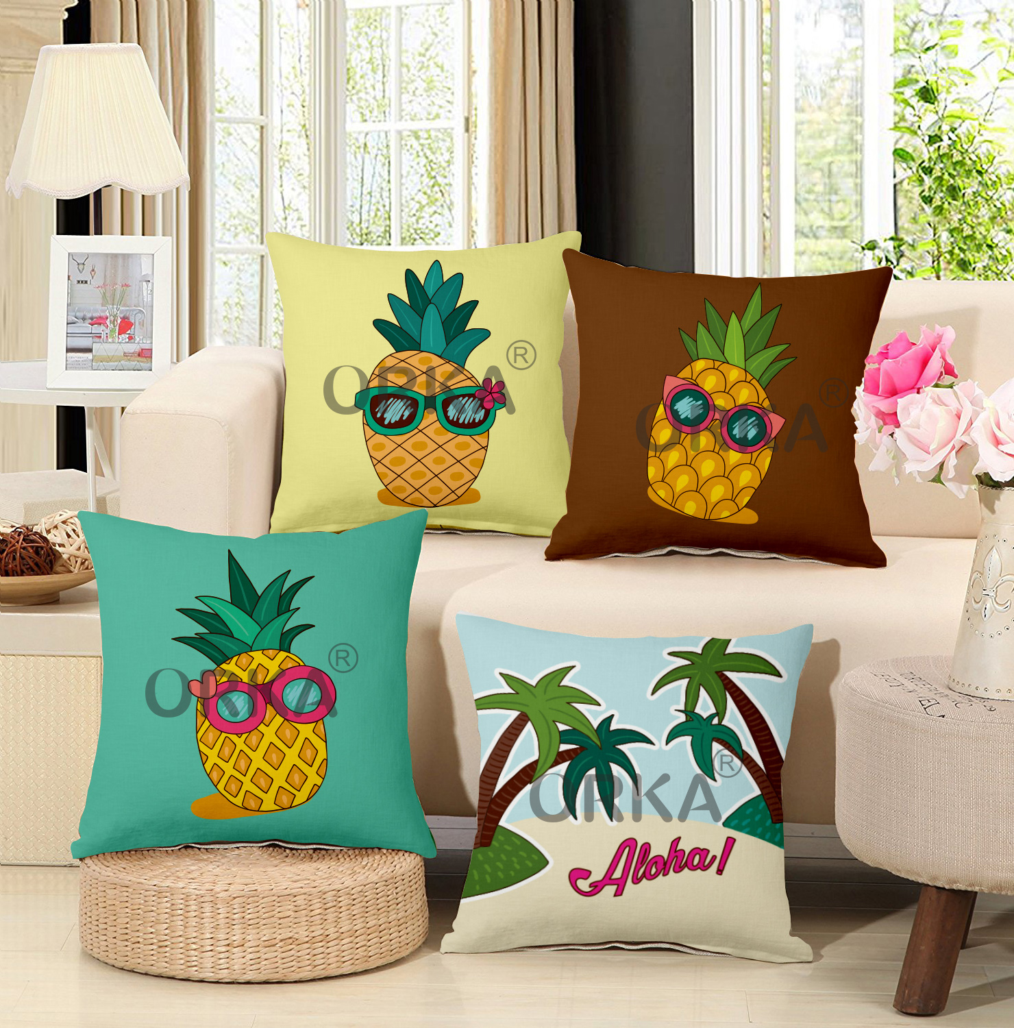 ORKA Set Of 4 Digital Printed Cushion  Hawaiian Theme  