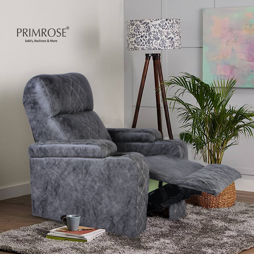 Primrose Recliner Victoria Single Seater 1R Manual Recliner, Premium ER Fabric, Contemporary Look & Design, Colour – Grey I Just Lay Back And Relax I Im