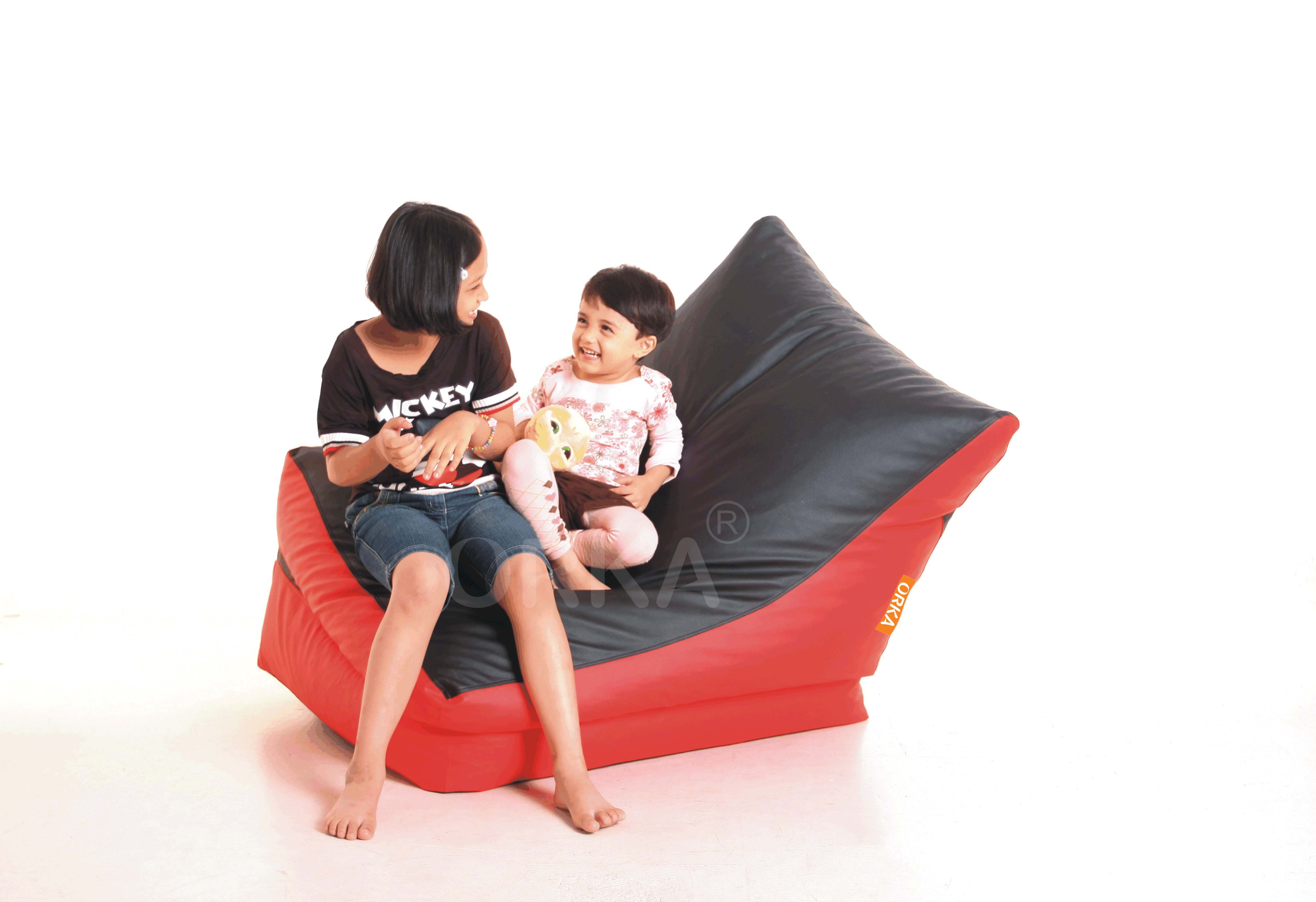 ORKA Art Leather Children Sitting On Lounger Filled With High Density Beans - Red Black  
