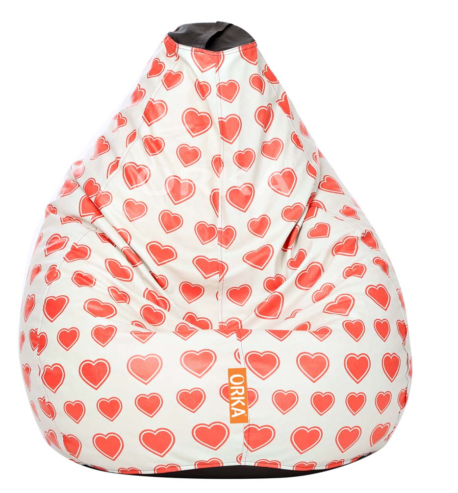 Orka Digital Printed White Bean Bag Red Hearts Theme   XXL  Cover Only 