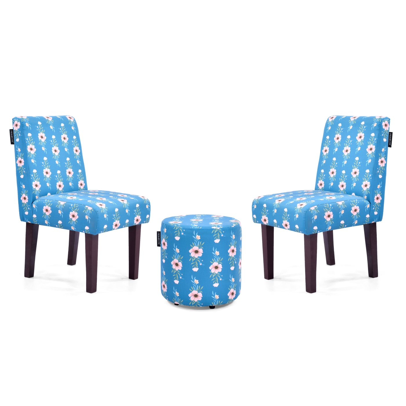 PRIMROSE Betty Ikigai Flower Digital Printed Faux Linen Fabric Dining Chair Combo (2 Chair+1 Ottoman) - Blue  