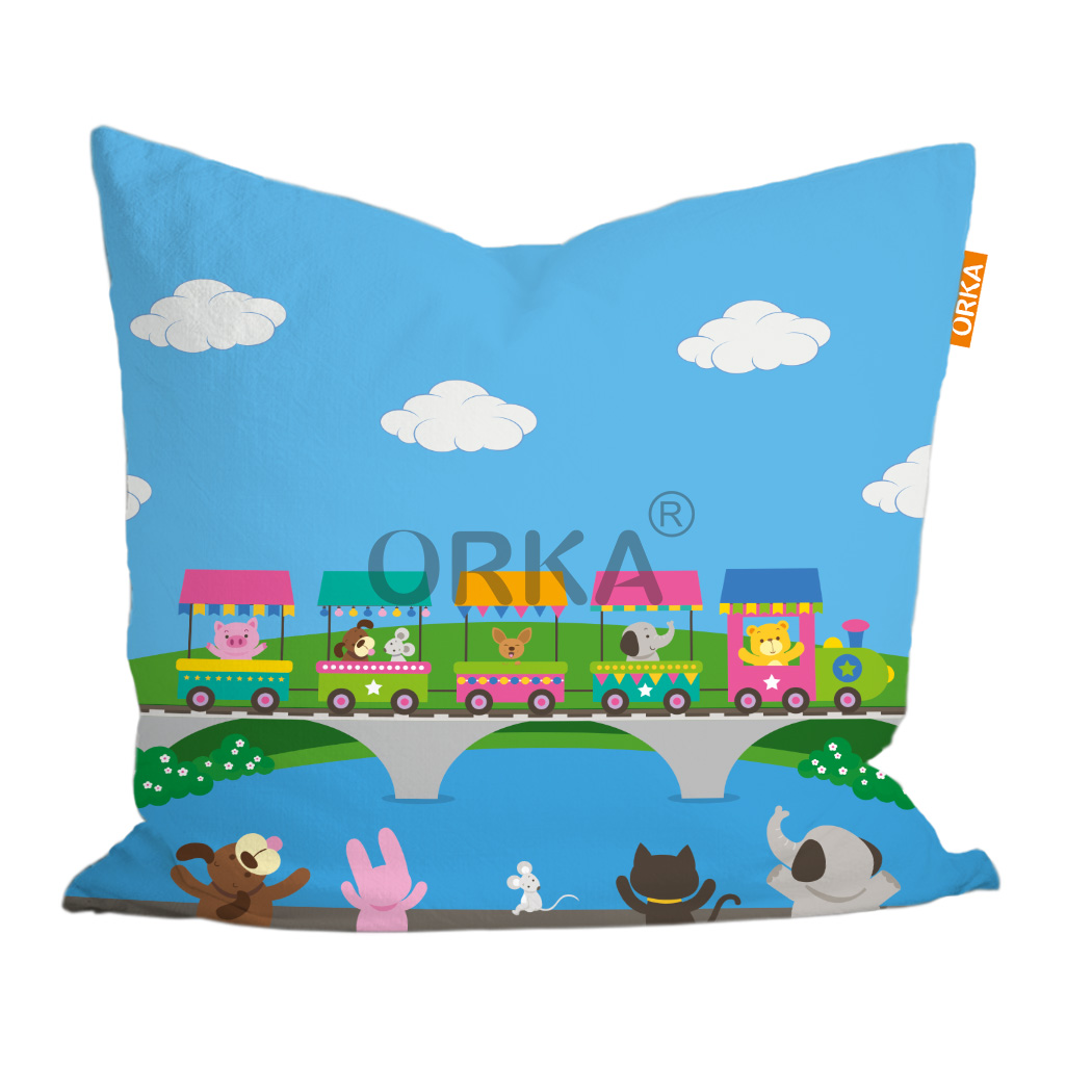 ORKA Kids Digital Printed Cushion  Animal Toy Train Theme  
