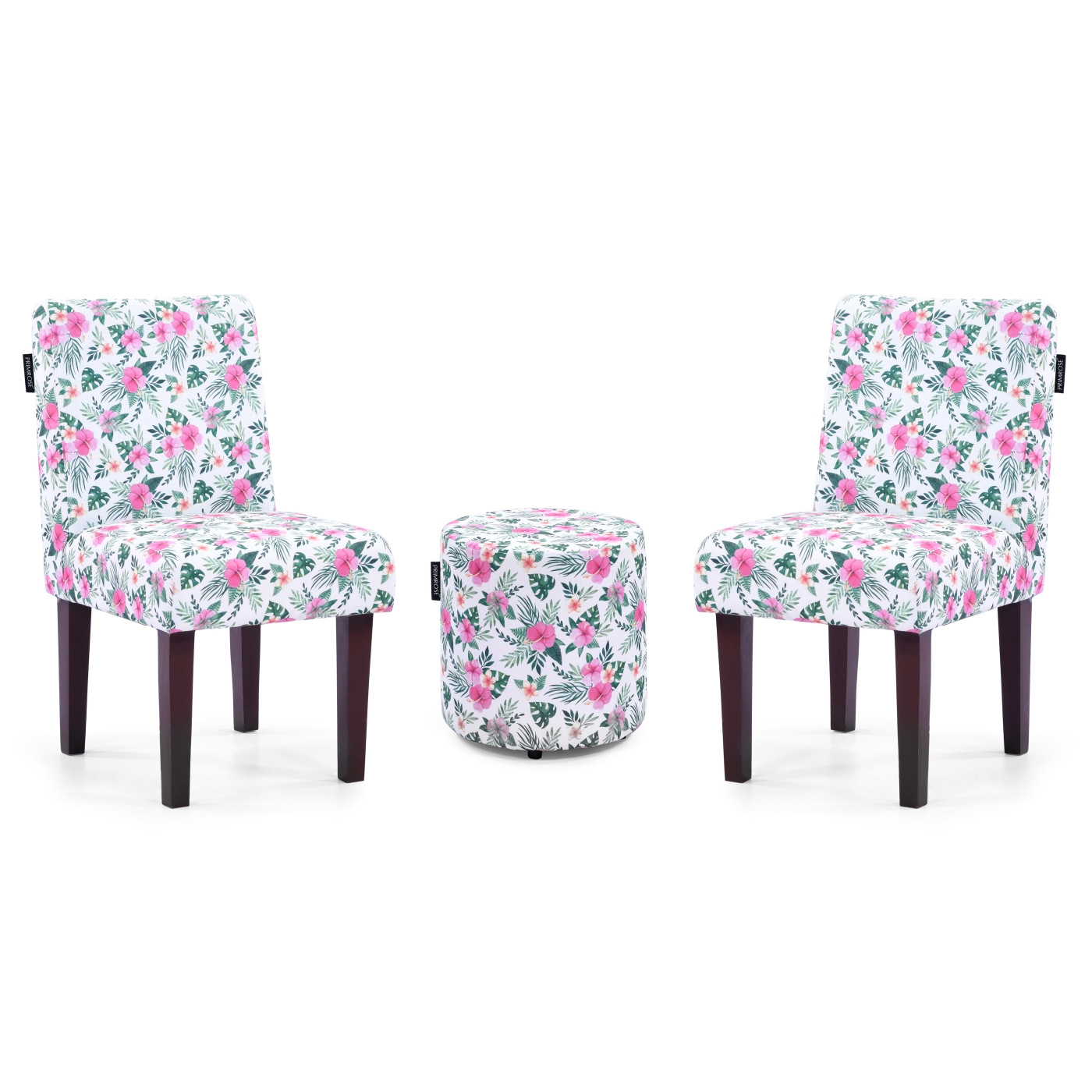 PRIMROSE Betty Hibiscus Floral Digital Printed Faux Linen Fabric Dining Chair Combo (2 Chair+1 Ottoman) - Pink, Green  