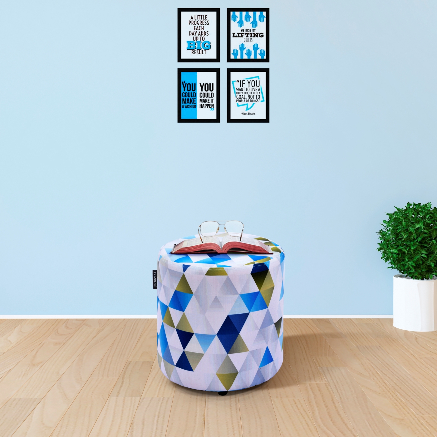 PRIMROSE Abstract Triangle Digital Printed Faux Linen Fabric Ottoman 16.5 X 16.5 Inch - White, Blue  