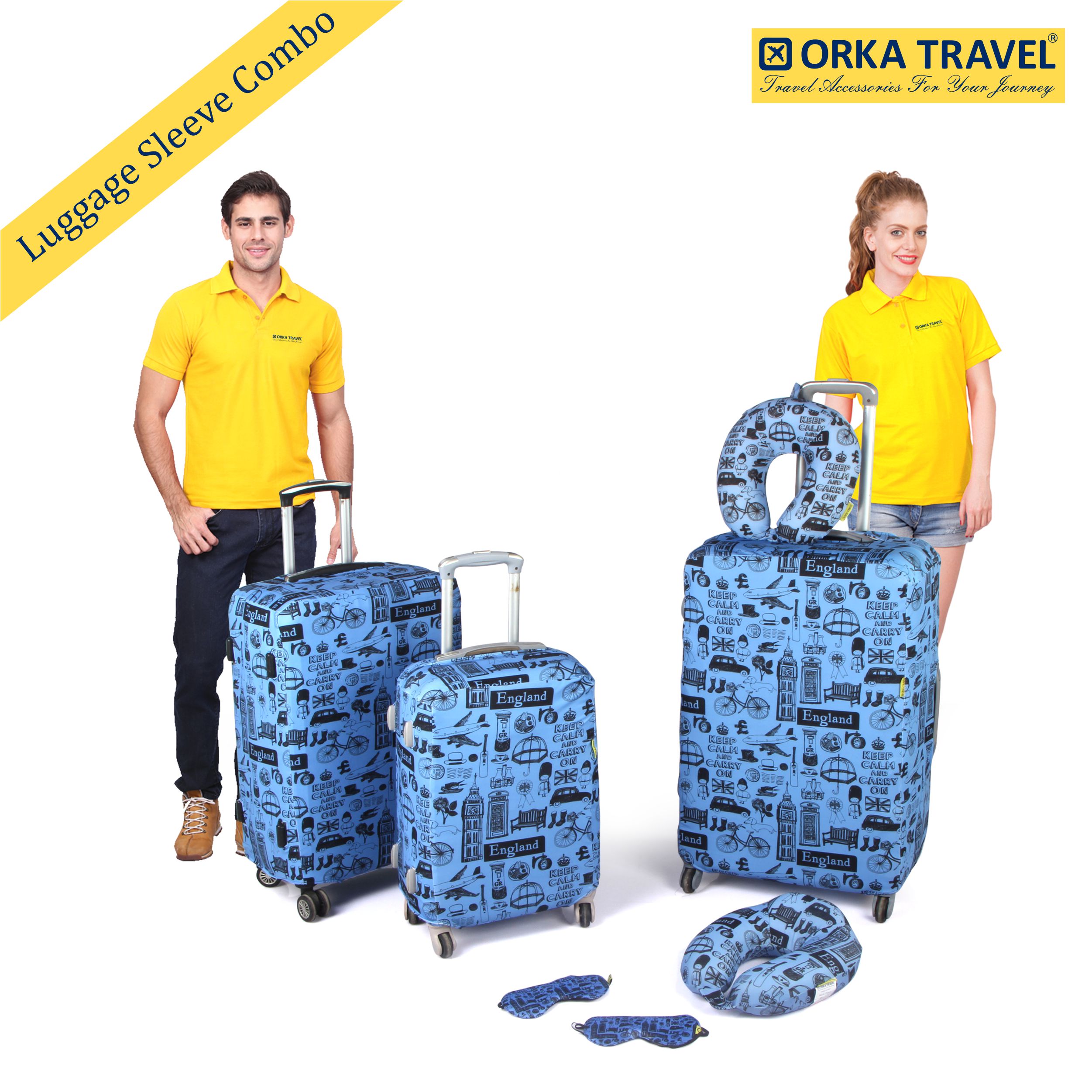 ORKA TRAVEL Couple Combo Luggage Sleeve 3 Sizes With 2 Memory Foam High Back U Neck & 2 Printed Eye Mask - Keep Calm