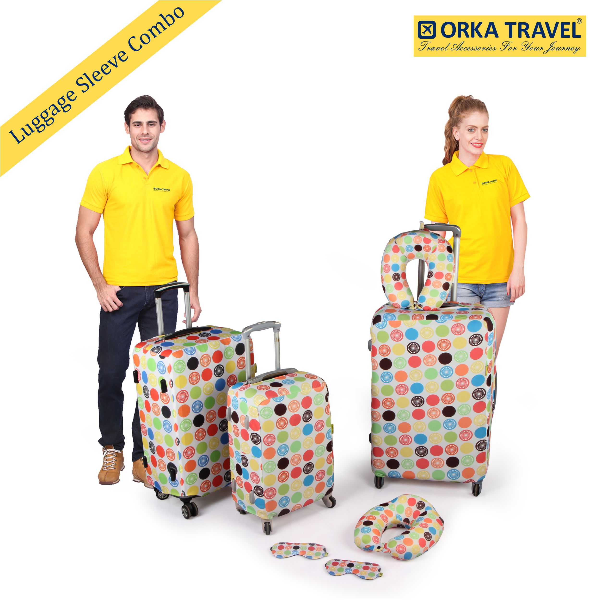 ORKA TRAVEL Couple Combo Luggage Sleeve 3 Sizes With 2 Memory Foam High Back U Neck & 2 Printed Eye Mask - Printed Lemon 