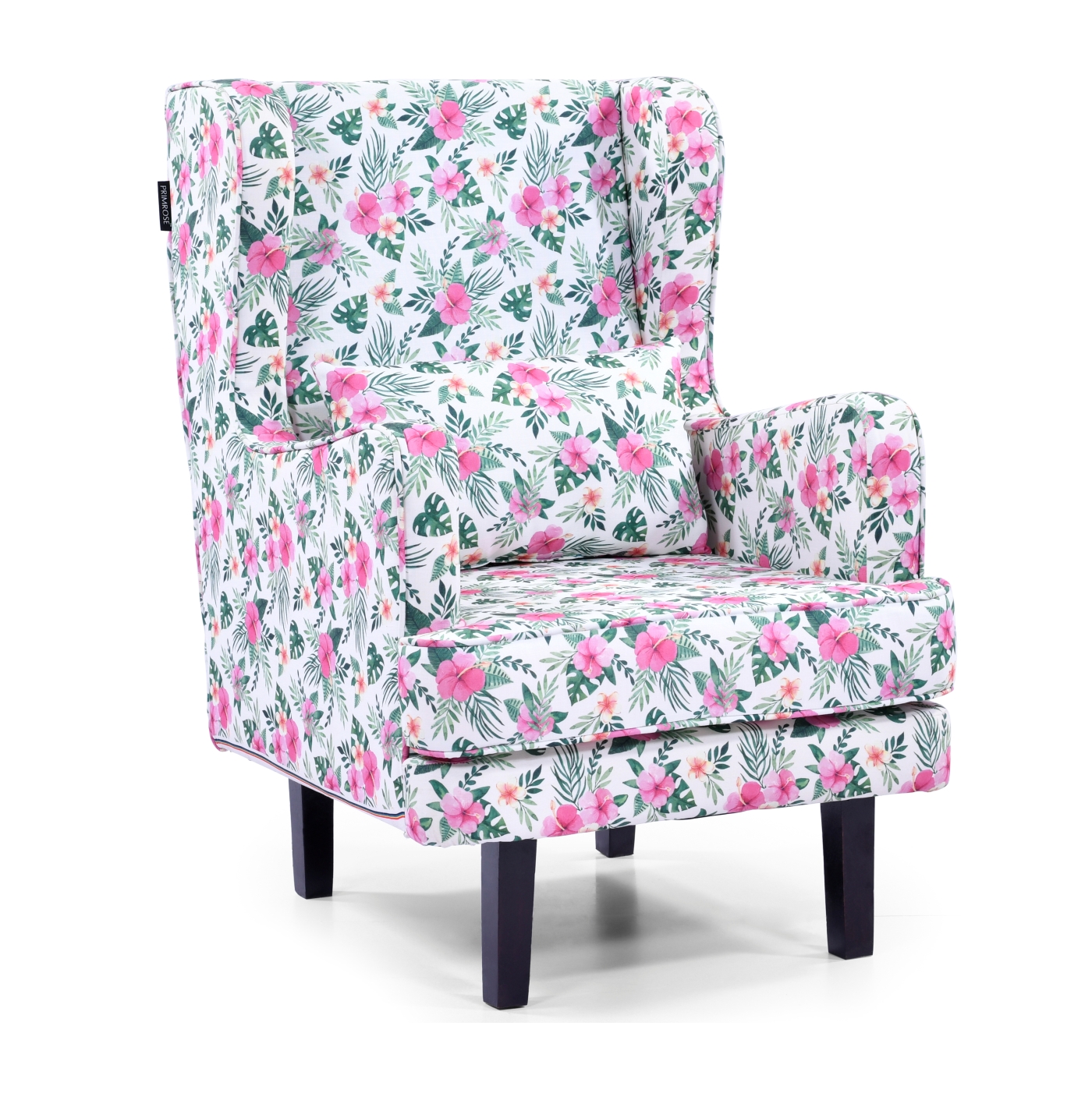PRIMROSE Hibiscus Floral Digital Printed Faux Linen Fabric High Back Wing Chair - Pink, Green  
