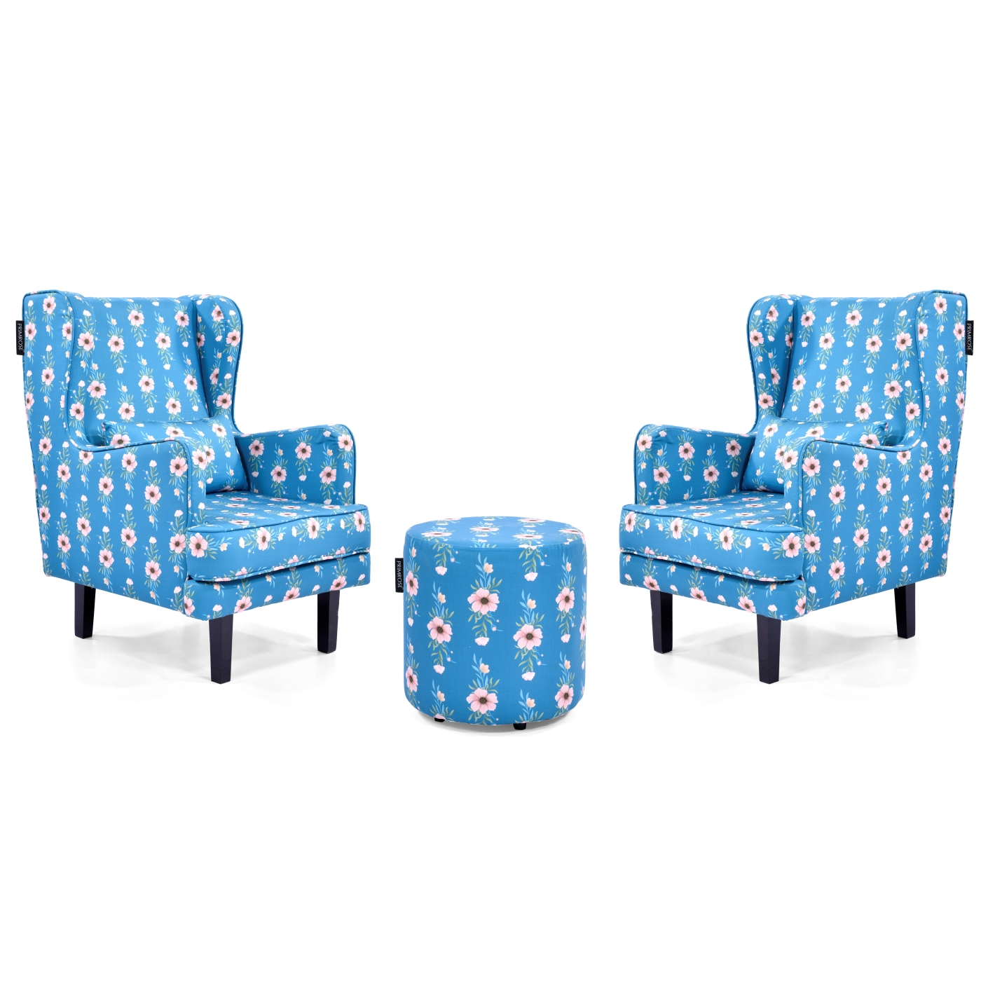 PRIMROSE Ikigai Flower Digital Printed Faux Linen Fabric High Back Wing Chair Combo (2 Chair+1 Ottoman) - Blue  