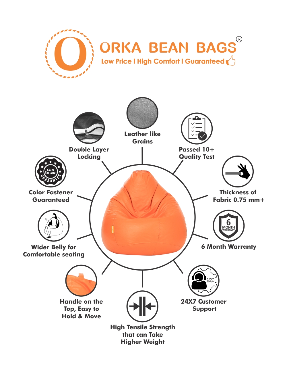 ORKA Classic Orange Bean Bag With Matching Footstool  