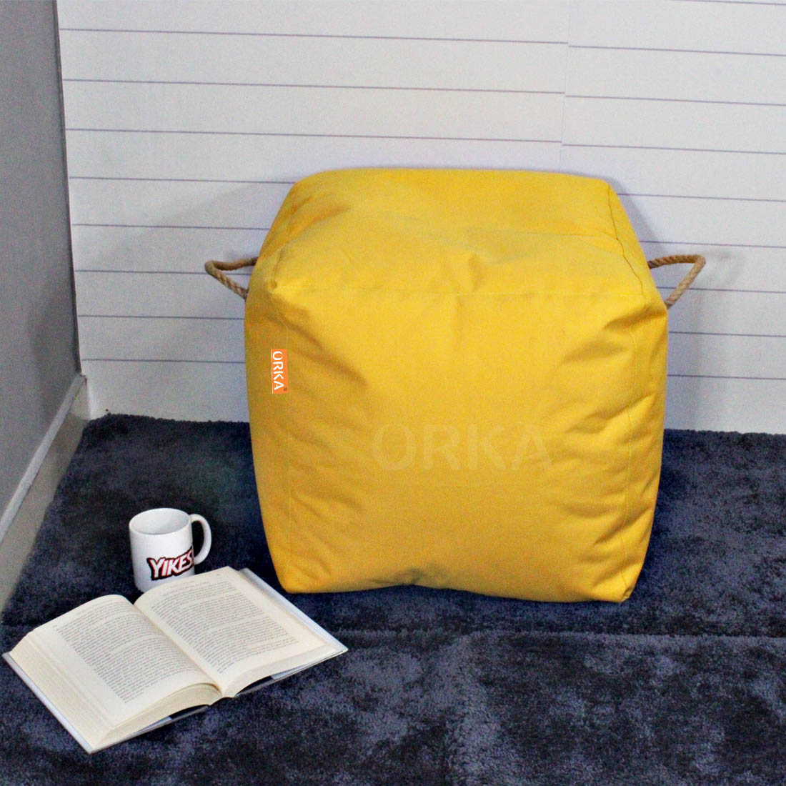 ORKA Denier Fabric 18 X 18 Inch Premium Pouf With Beans - Yellow  