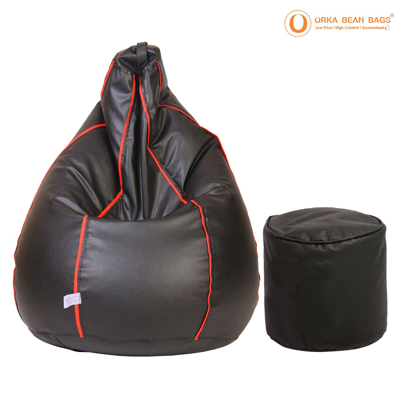 ORKA Classic Bean Bag With Footstool Black With Red Piping  