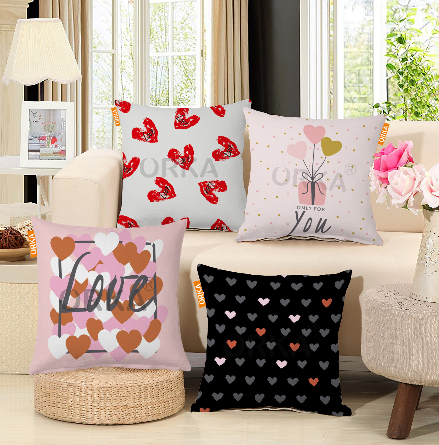 ORKA Set Of 4 Valentine Theme Digital Printed Cushion 4  