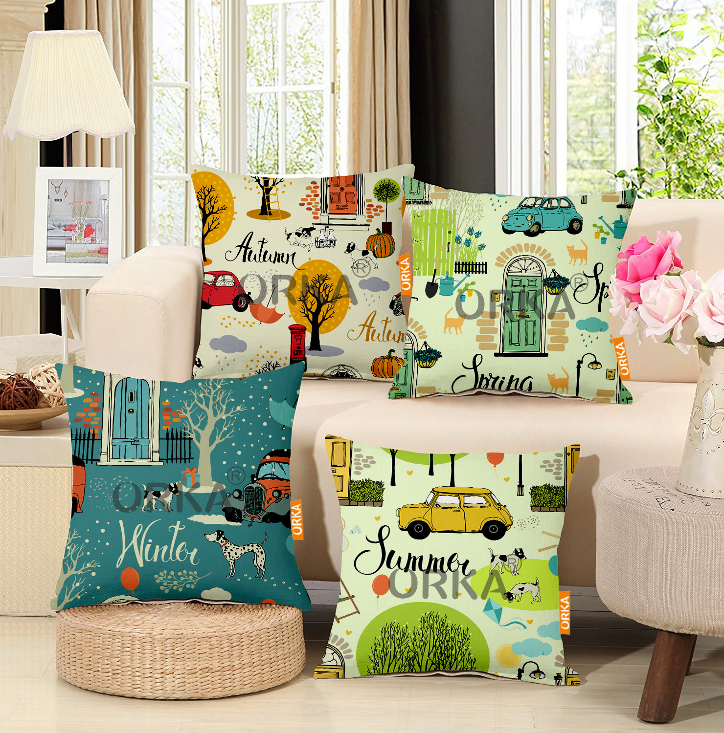 ORKA Set Of 4 Digital Printed Cushion Seasons Printed  