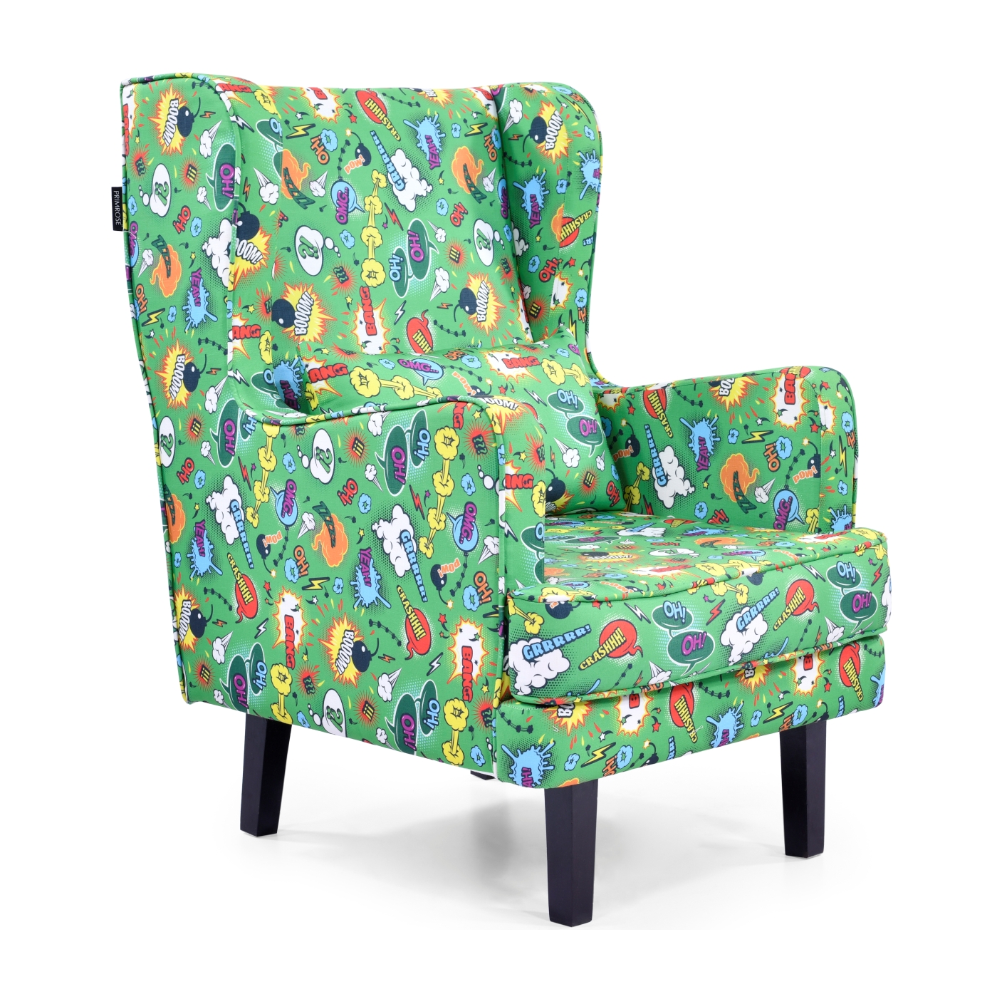 PRIMROSE Comic Boom Digital Printed Faux Linen Fabric High Back Wing Chair - Green  