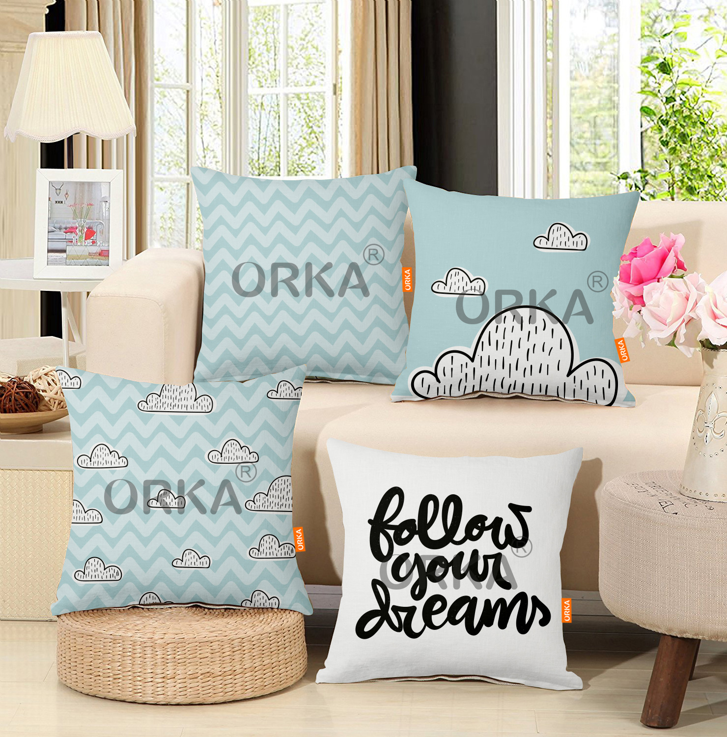 ORKA Set Of 4 Digital Printed Cushion Cloud Theme  