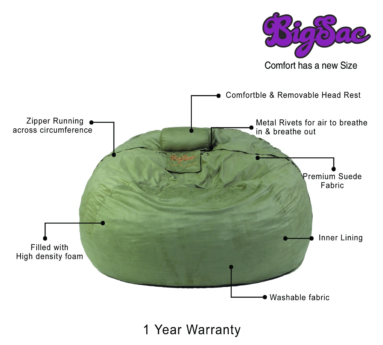 Big Sac 2.5 Feet My Sac Premium Suede Fabric Filled Light Green Color - 5 Years Warranty            