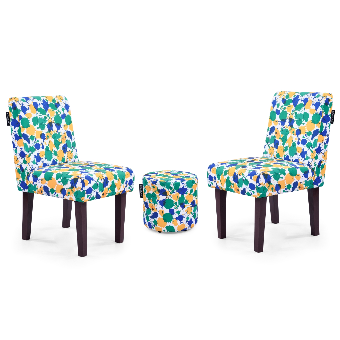 PRIMROSE Betty Splash Flower Digital Printed Faux Linen Fabric Dining Chair Combo (2 Chair+1 Ottoman) - Green, Yellow  