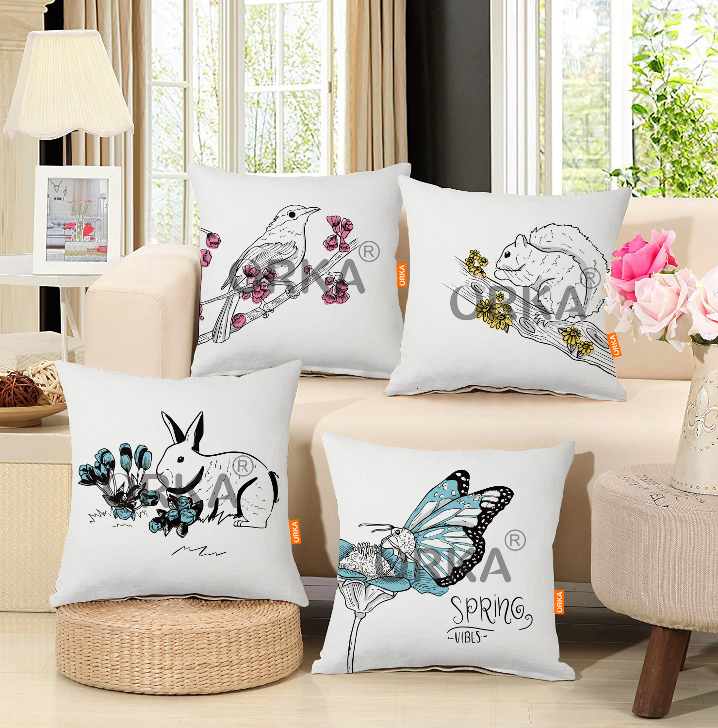 ORKA Set Of 4 Digital Printed Cushion Nature Printed 14"x14" Cover Only