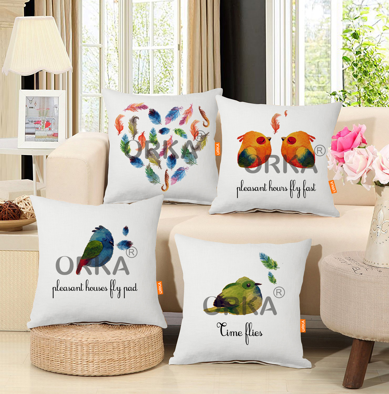 ORKA Set Of 4 Digital Printed Cushion Birds Theme 14"x14" Cover Only