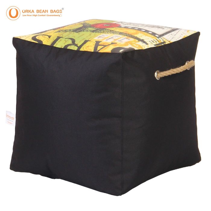 ORKA Digital Printed Denier Fabric 16 X 16 Inch Premium Pouf Black, Yellow  