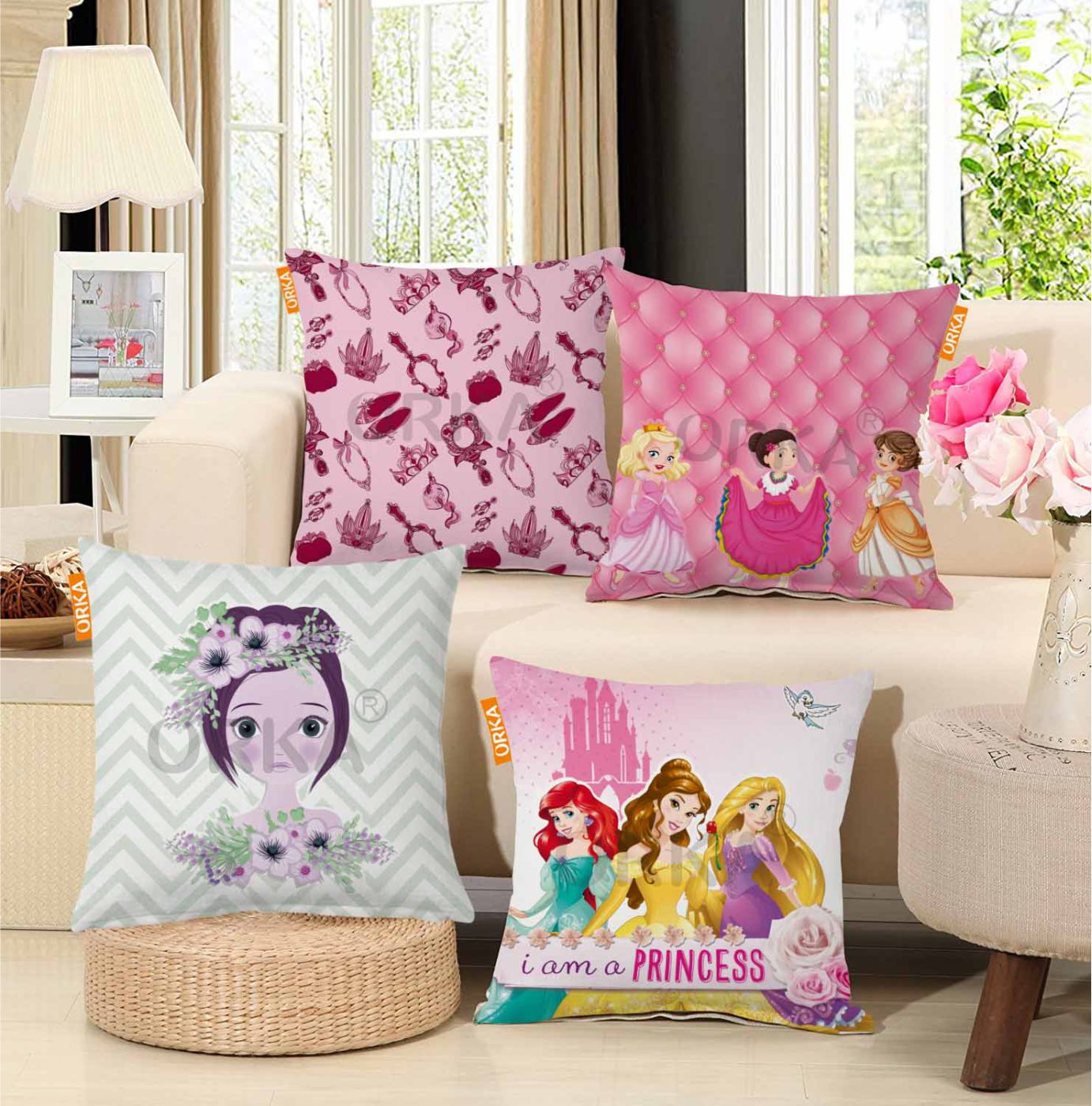 ORKA Set Of 4 Princess Theme Digital Printed Cushion 2  