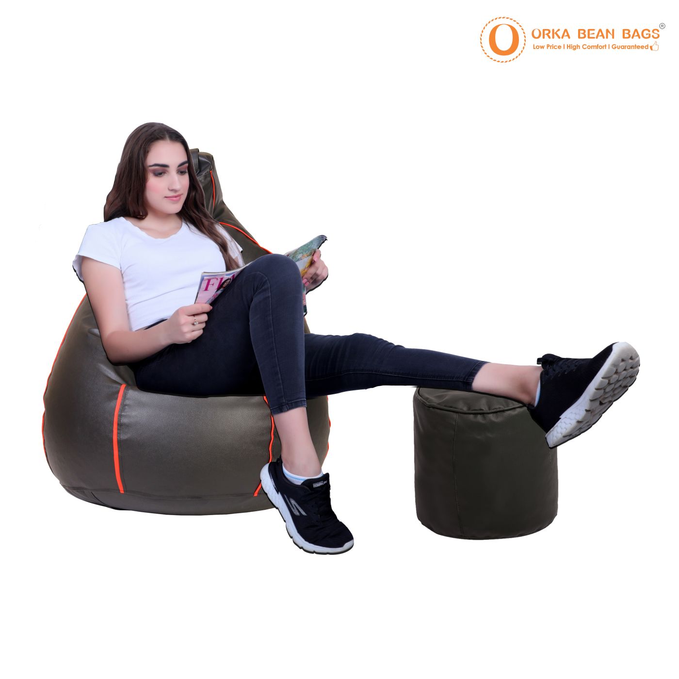 ORKA Classic Bean Bag With Footstool Black With Red Piping  
