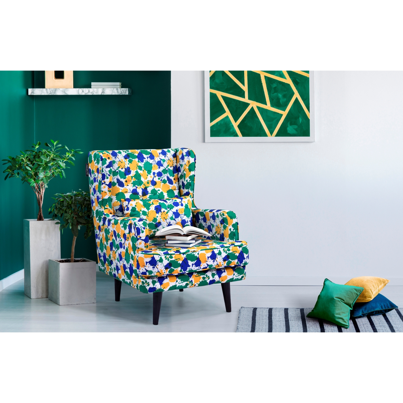 PRIMROSE Splash Flower Digital Printed  Faux Linen Fabric High Back Wing Chair - Green, Yellow  