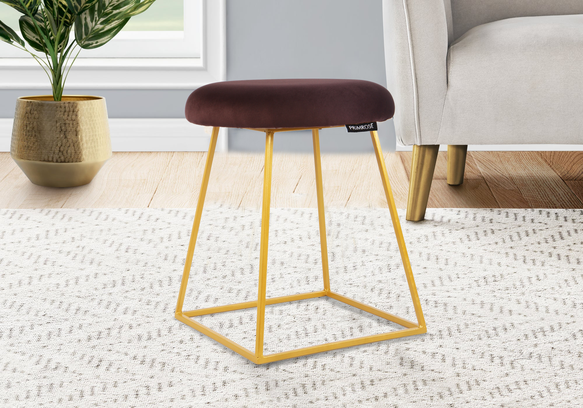 Primrose Ottoman Pristy - Comfortable Upholstered Stool With Brawny Golden Metal Frame Stand And Delicate But Supple Velvet Fabric Wrapped Over  