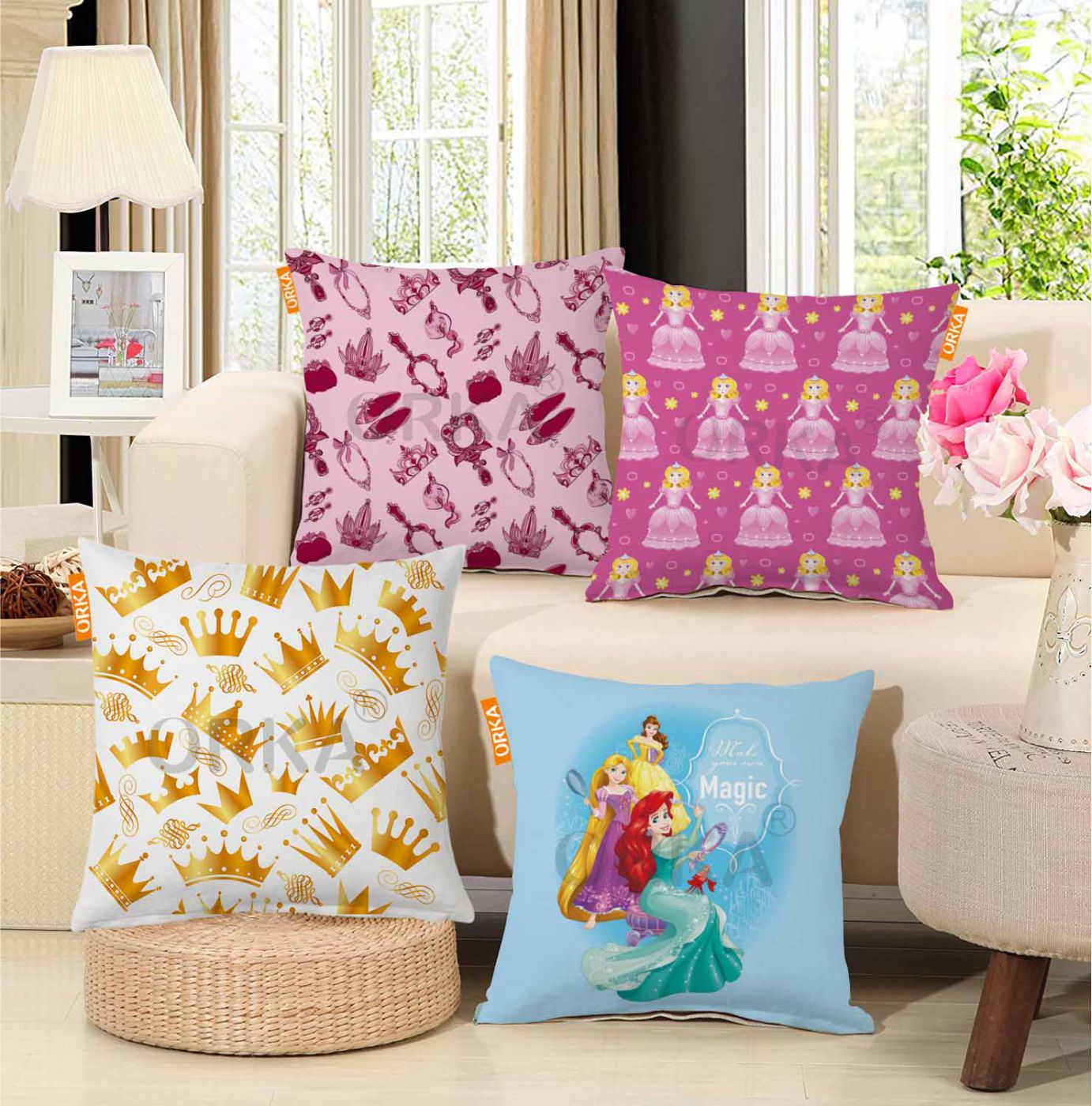 ORKA Set Of 4 Princess Theme Digital Printed Cushion 1  