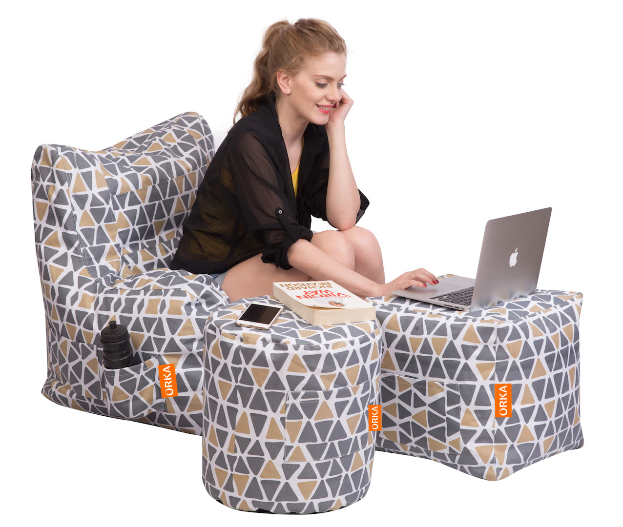 Orka Digital Printed XXXL Arm Chair, Cylindrical Puffy(6*16), Cube Puffy(16*16), Set Of 3   