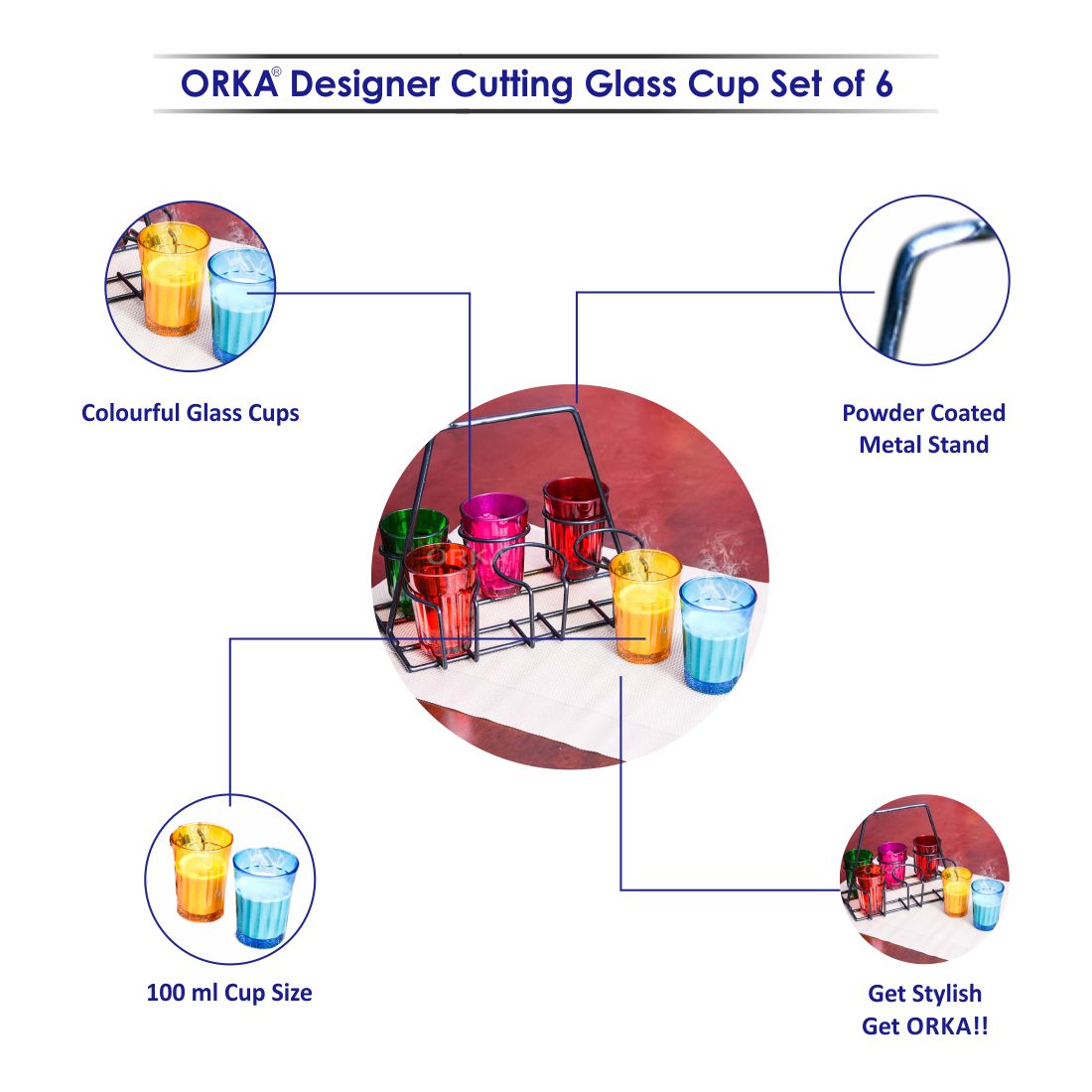 Orka Designer Colourful Glass Cup Set Of 6   