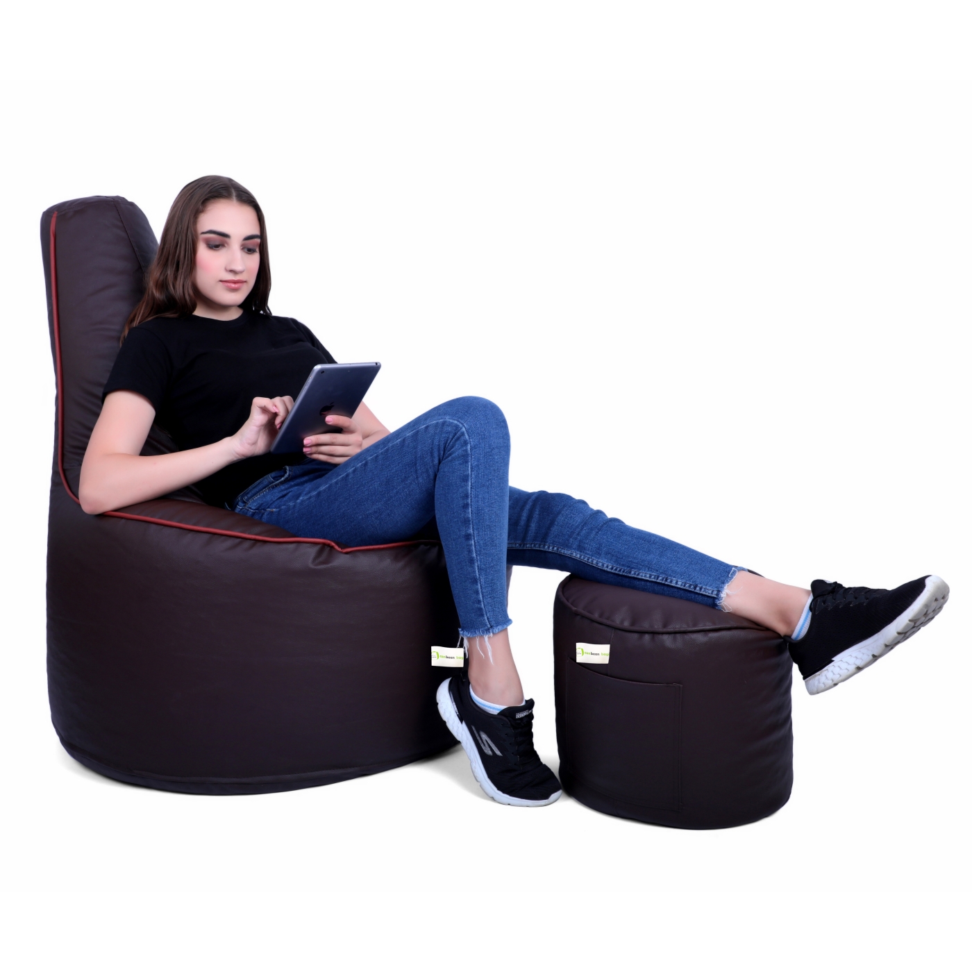 Can Bean Bags Teardrop Chair Brown With Red Piping  