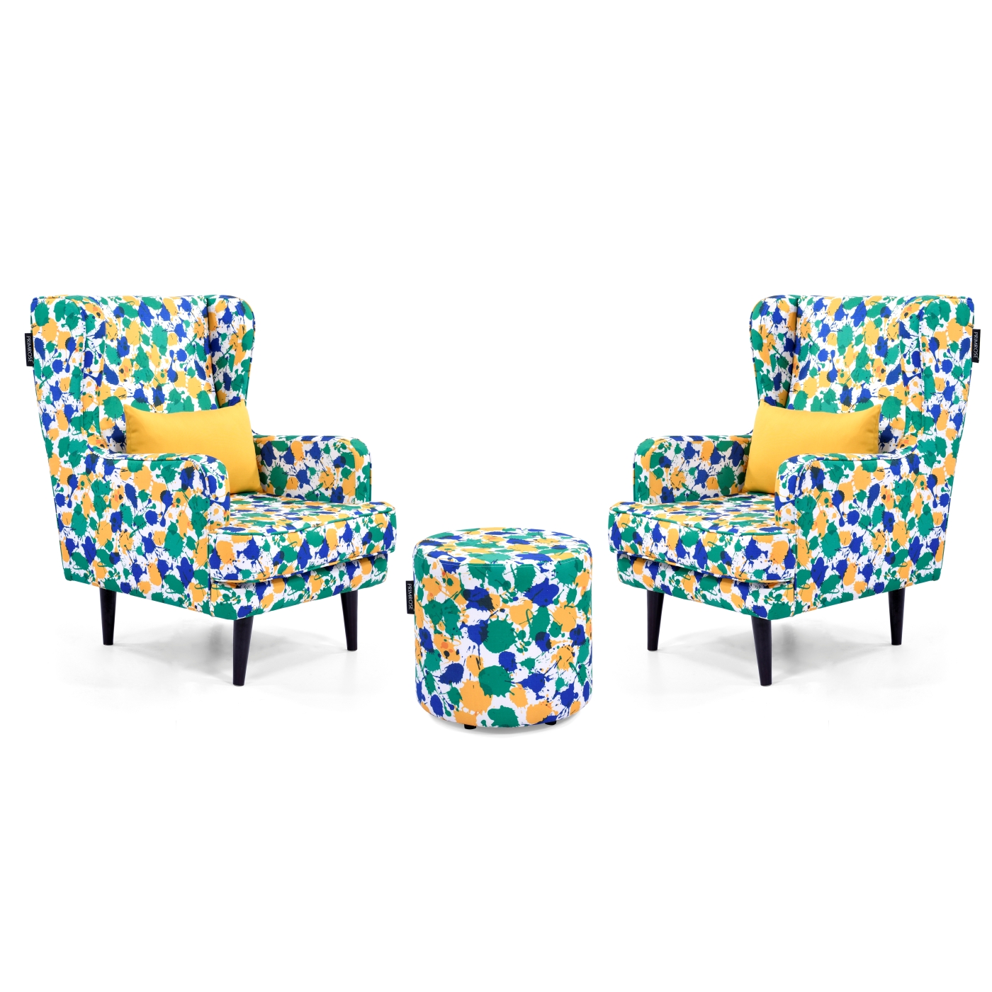 PRIMROSE Splash Digital Printed Faux Linen Fabric High Back Wing Chair Combo (2 Chair+1 Ottoman) - Green, Yellow  