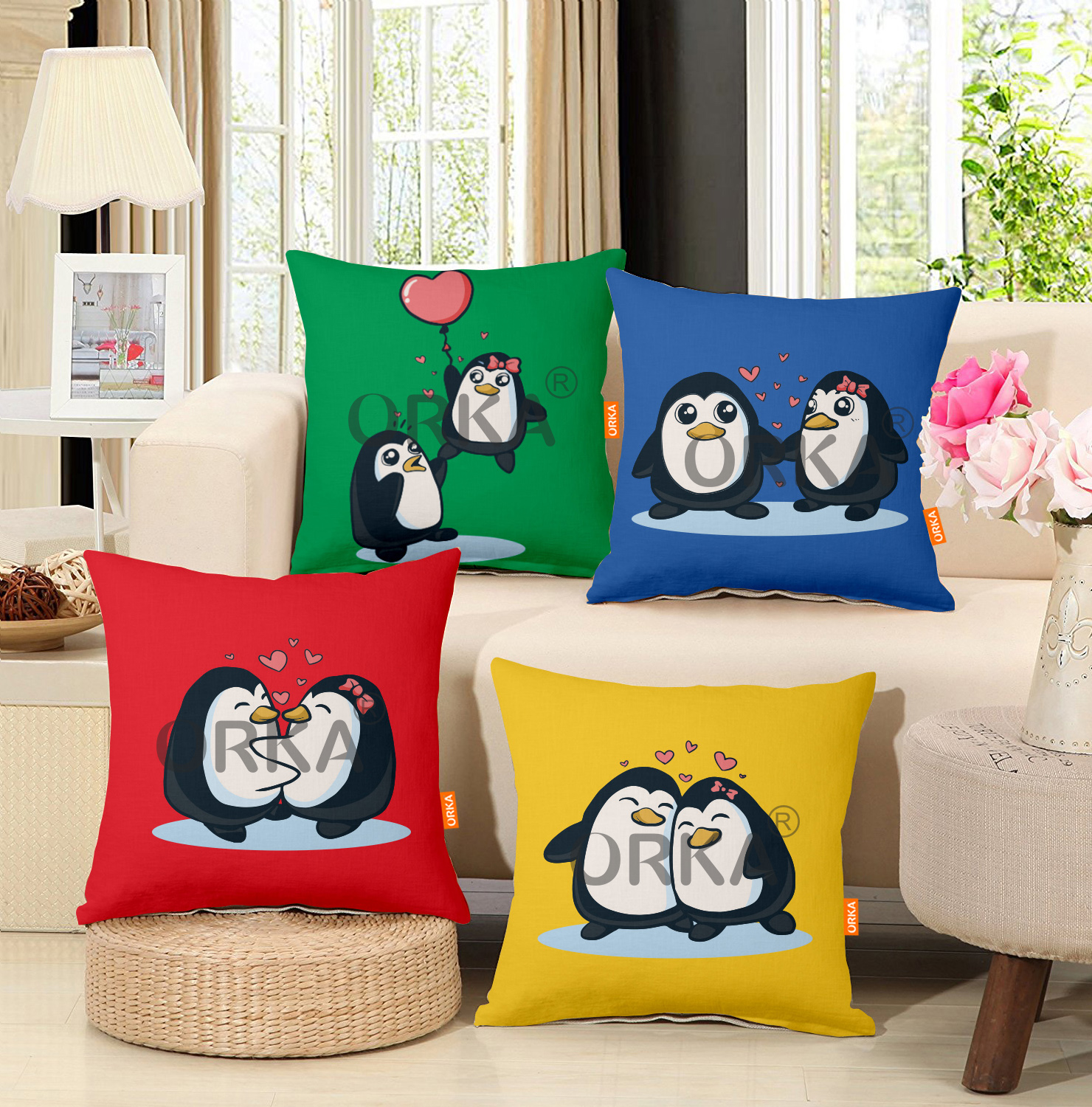 ORKA Set Of 4 Digital Printed Cushion Penguin Printed 14"x14" Cover Only