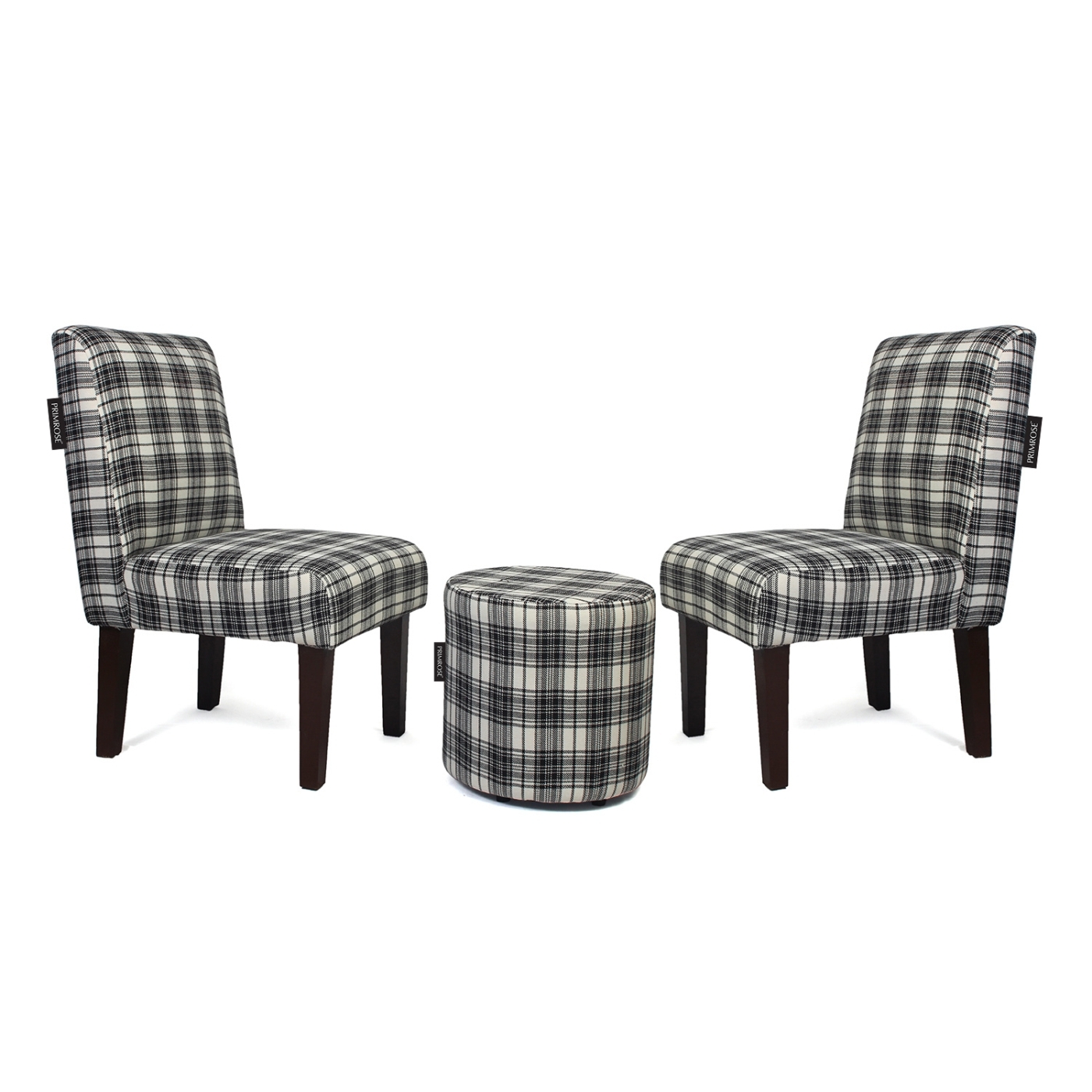 PRIMROSE Betty Premium Cotton Fabric Combo Of 2 Chair And 1 Ottoman - Black And White  