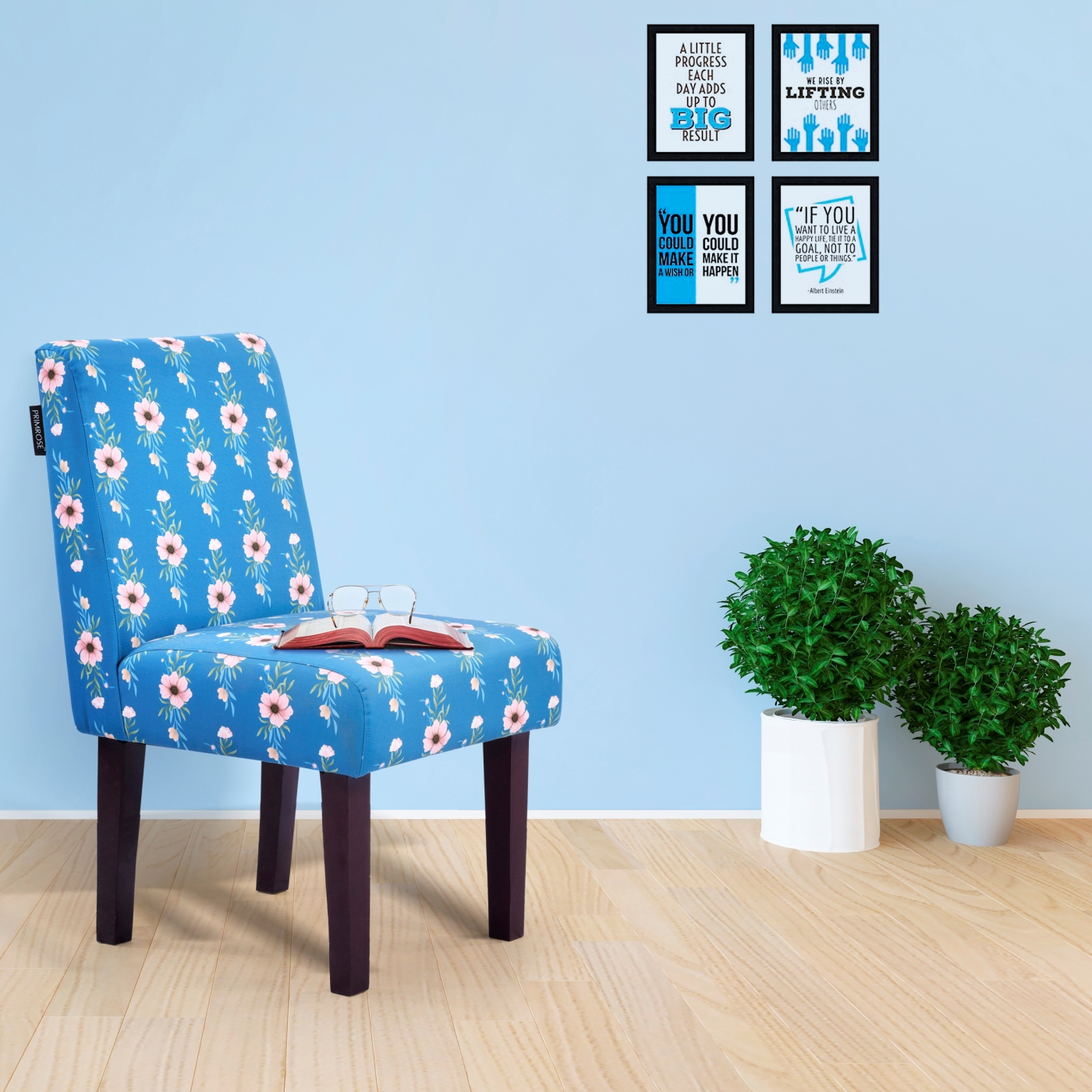 PRIMROSE Betty Ikigai Flower Digital Printed Faux Linen Fabric Dining Chair - Blue  