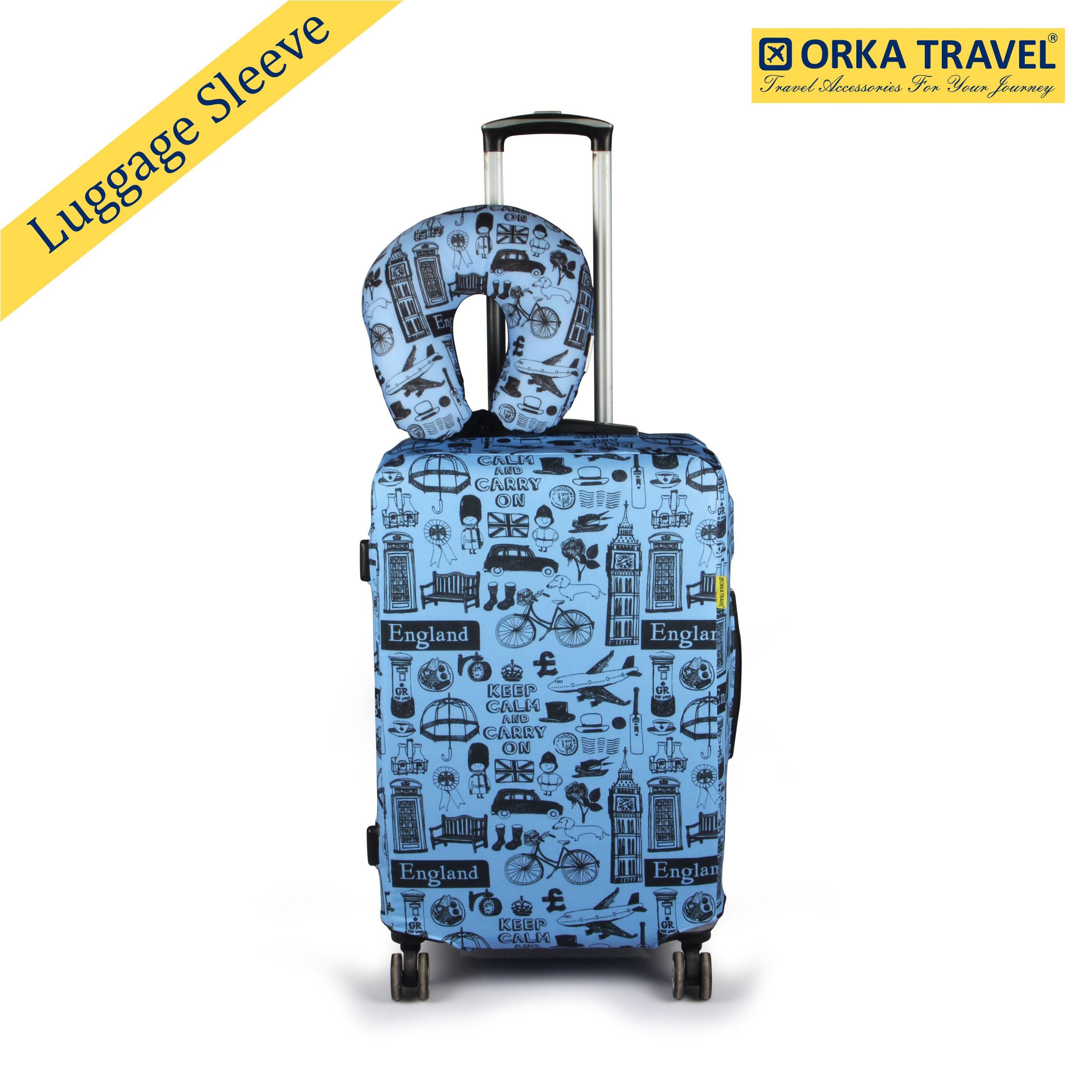 ORKA TRAVEL Keep Calm THEME LUGGAGE PROTECTOR WITH MATCHING U NECK PILLOW LUGGAGE COVER  